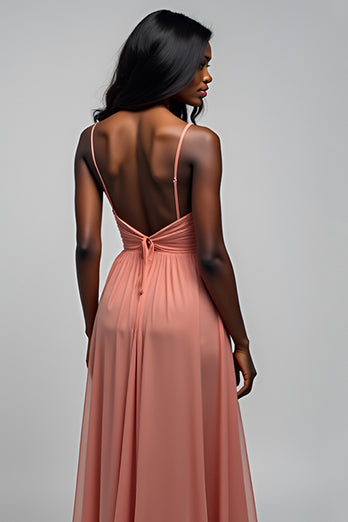 Watermelon A Line Long Ruched Chiffon Bridesmaid Dress