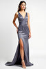 Load image into Gallery viewer, Steel Grey Ruched Deep V-Neck Long Formal Dress with Slit