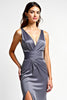 Load image into Gallery viewer, Steel Grey Ruched Deep V-Neck Long Formal Dress with Slit