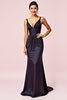 Load image into Gallery viewer, Navy Ruched V-Neck Sheath Backless Long Formal Dress