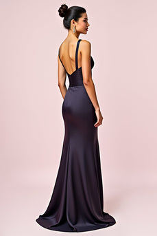 Navy Ruched V-Neck Sheath Backless Long Formal Dress