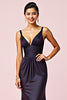 Load image into Gallery viewer, Navy Ruched V-Neck Sheath Backless Long Formal Dress