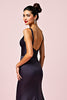 Load image into Gallery viewer, Navy Ruched V-Neck Sheath Backless Long Formal Dress