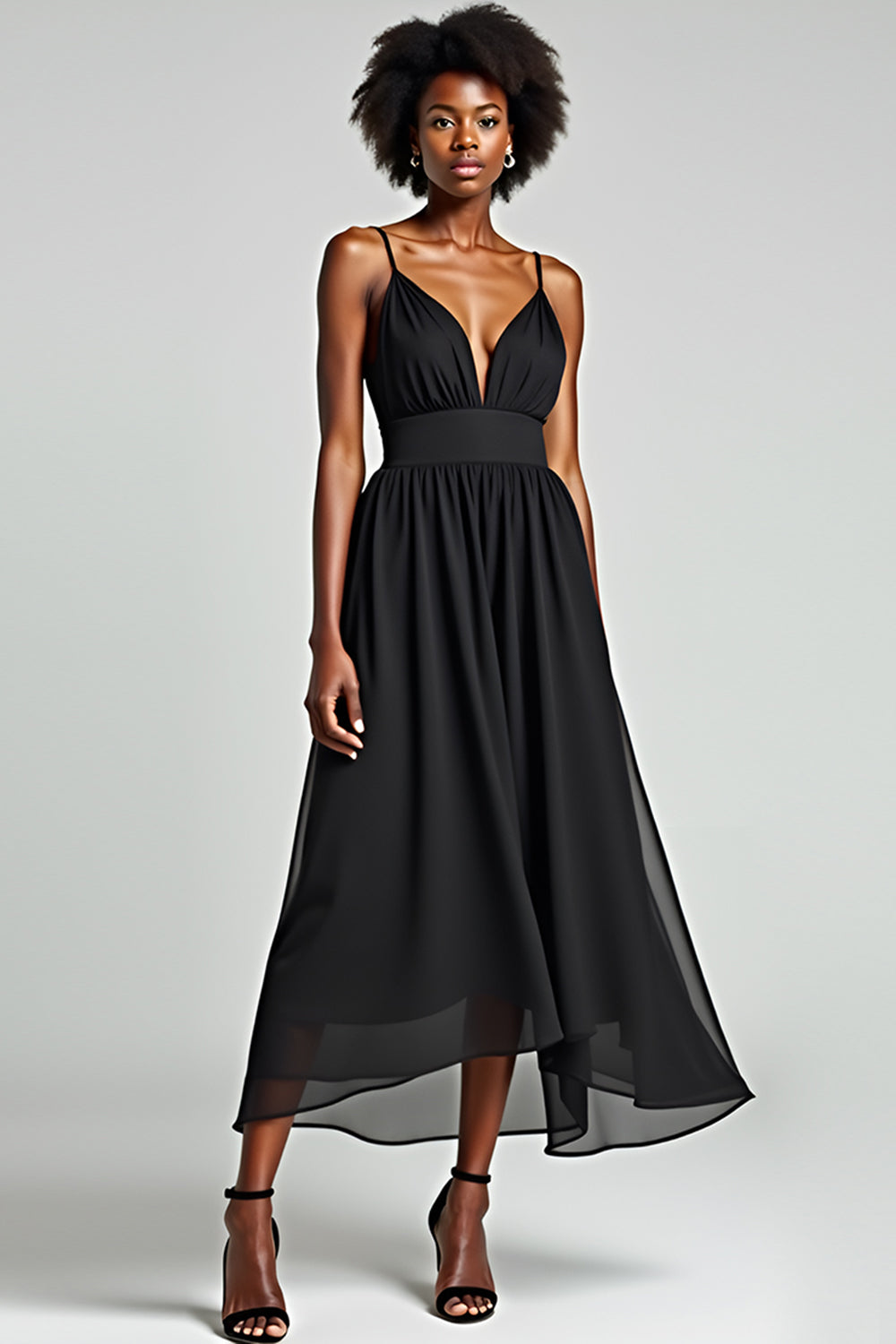 Black A Line Tea Length Chiffon Bridesmaid Dress