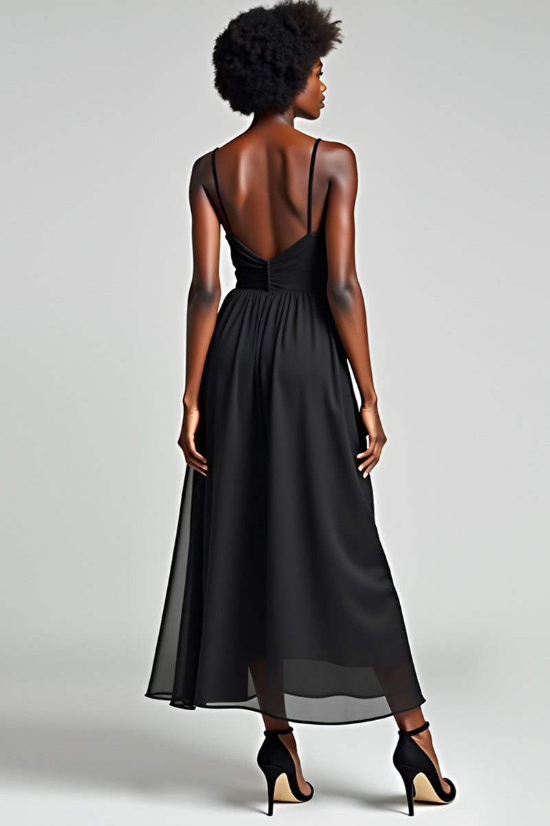 Load image into Gallery viewer, Black A Line Tea Length Chiffon Bridesmaid Dress