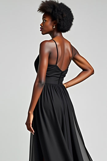 Black A Line Tea Length Chiffon Bridesmaid Dress