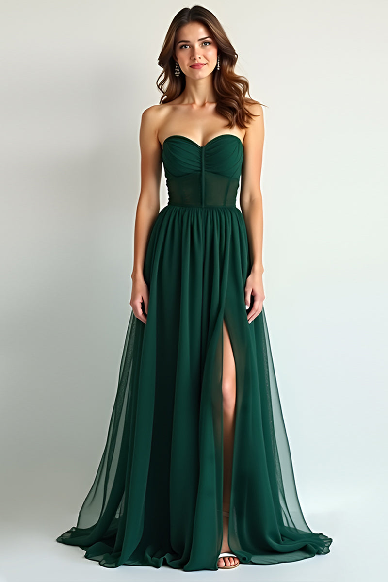 Load image into Gallery viewer, Dark Green A Line Strapless Long Chiffon Bridesmaid Dress with Slit