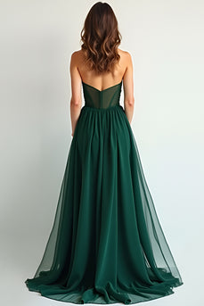 Dark Green A Line Strapless Long Chiffon Bridesmaid Dress with Slit