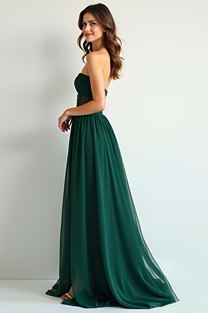 Load image into Gallery viewer, Dark Green A Line Strapless Long Chiffon Bridesmaid Dress with Slit