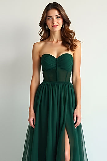 Dark Green A Line Strapless Long Chiffon Bridesmaid Dress with Slit