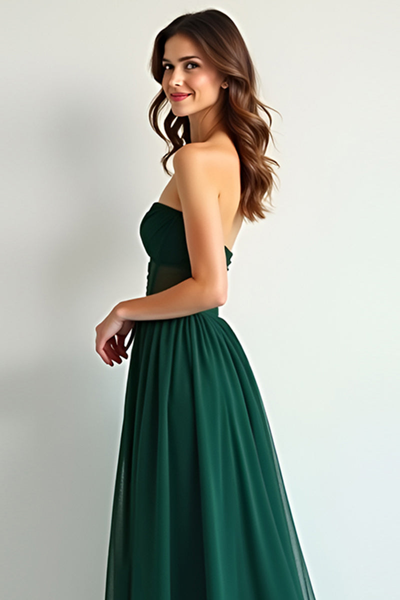 Load image into Gallery viewer, Dark Green A Line Strapless Long Chiffon Bridesmaid Dress with Slit