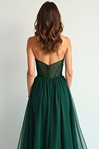 Dark Green A Line Strapless Long Chiffon Bridesmaid Dress with Slit