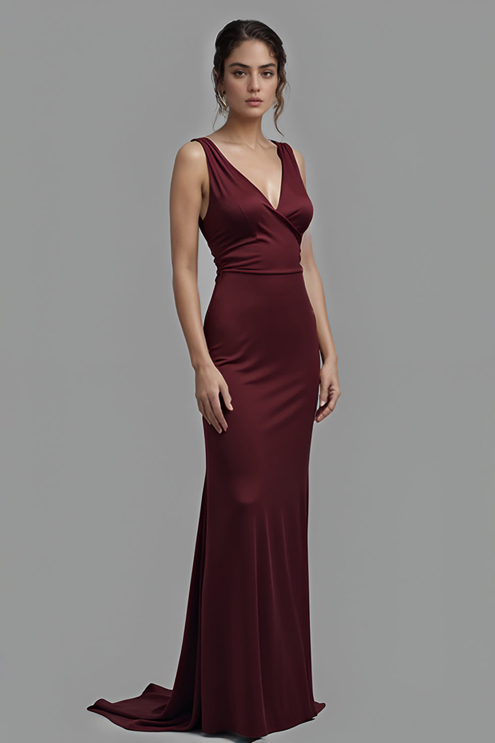 Cabernet V-Neck Sheath Long Satin  Formal Dress