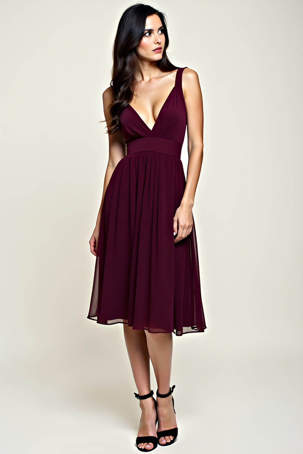 Cabernet A Line V-Neck Tea Length Chiffon Bridesmaid Dress