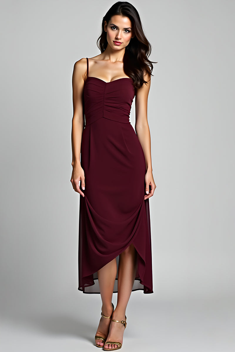 Load image into Gallery viewer, Cabernet Sheath Tea Length Asymmetrical Chiffon Bridesmaid Dress