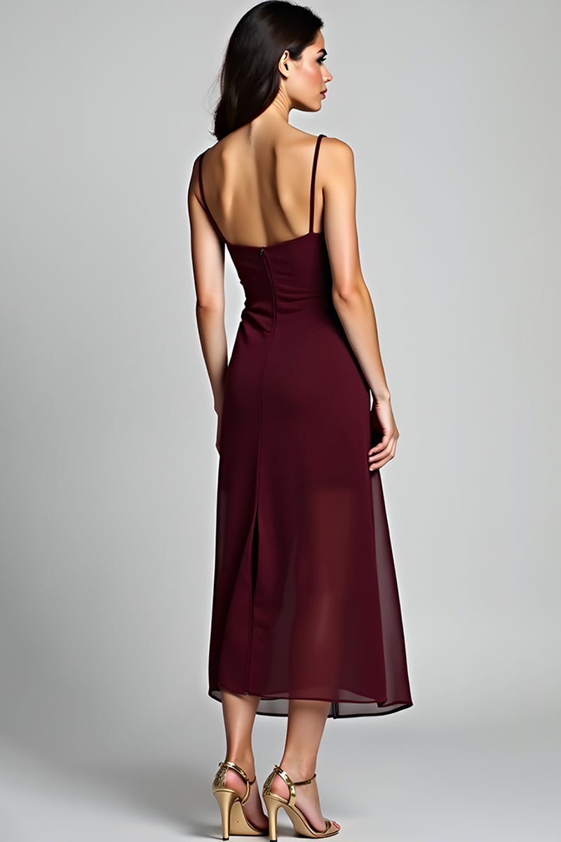 Load image into Gallery viewer, Cabernet Sheath Tea Length Asymmetrical Chiffon Bridesmaid Dress