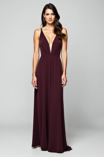 Cabernet Backless Chiffon Deep V-Neck Long Formal Dress