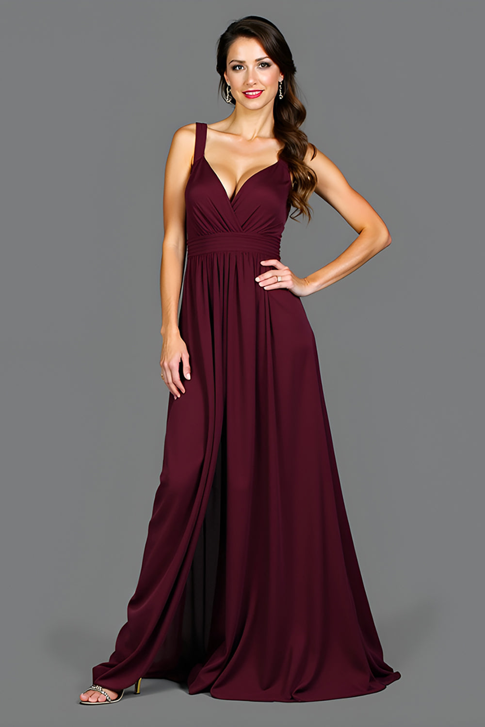 Cabernet A Line Ruched V-Neck Long Formal Dress