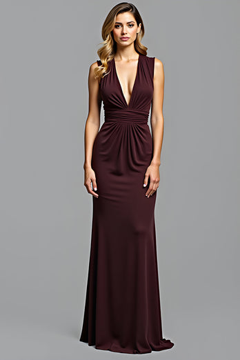 Cabernet Sheath Deep Ruched V-Neck Long Formal Dress