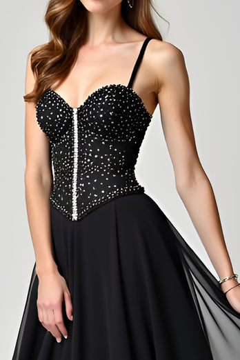 Beaded Black A Line Sweetheart Long Formal Dress