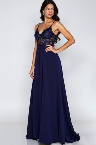 Lace Navy A Line Satin Long Formal Dress with Slit