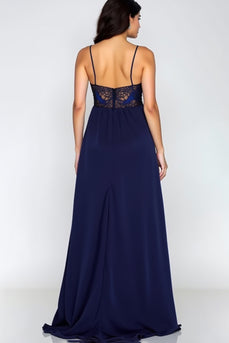 Lace Navy A Line Satin Long Formal Dress with Slit