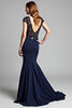 Load image into Gallery viewer, Satin Navy Deep V-Neck Long Formal Dress with Cap Sleeves