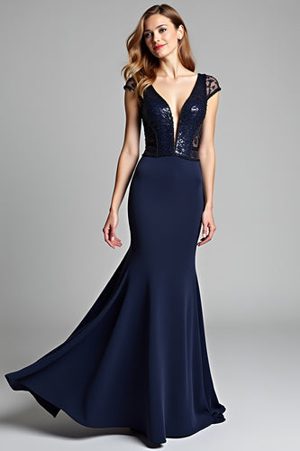 Satin Navy Deep V-Neck Long Formal Dress with Cap Sleeves