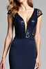 Load image into Gallery viewer, Satin Navy Deep V-Neck Long Formal Dress with Cap Sleeves