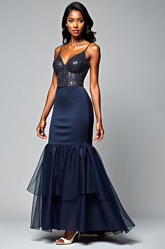 Sparkly Navy Spaghetti Straps Long Formal Dress