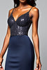 Load image into Gallery viewer, Sparkly Navy Spaghetti Straps Long Formal Dress