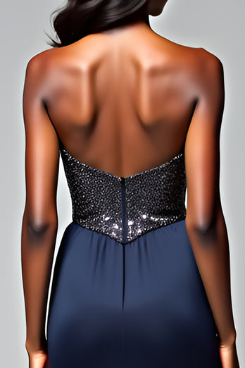 Sparkly Navy Spaghetti Straps Long Formal Dress