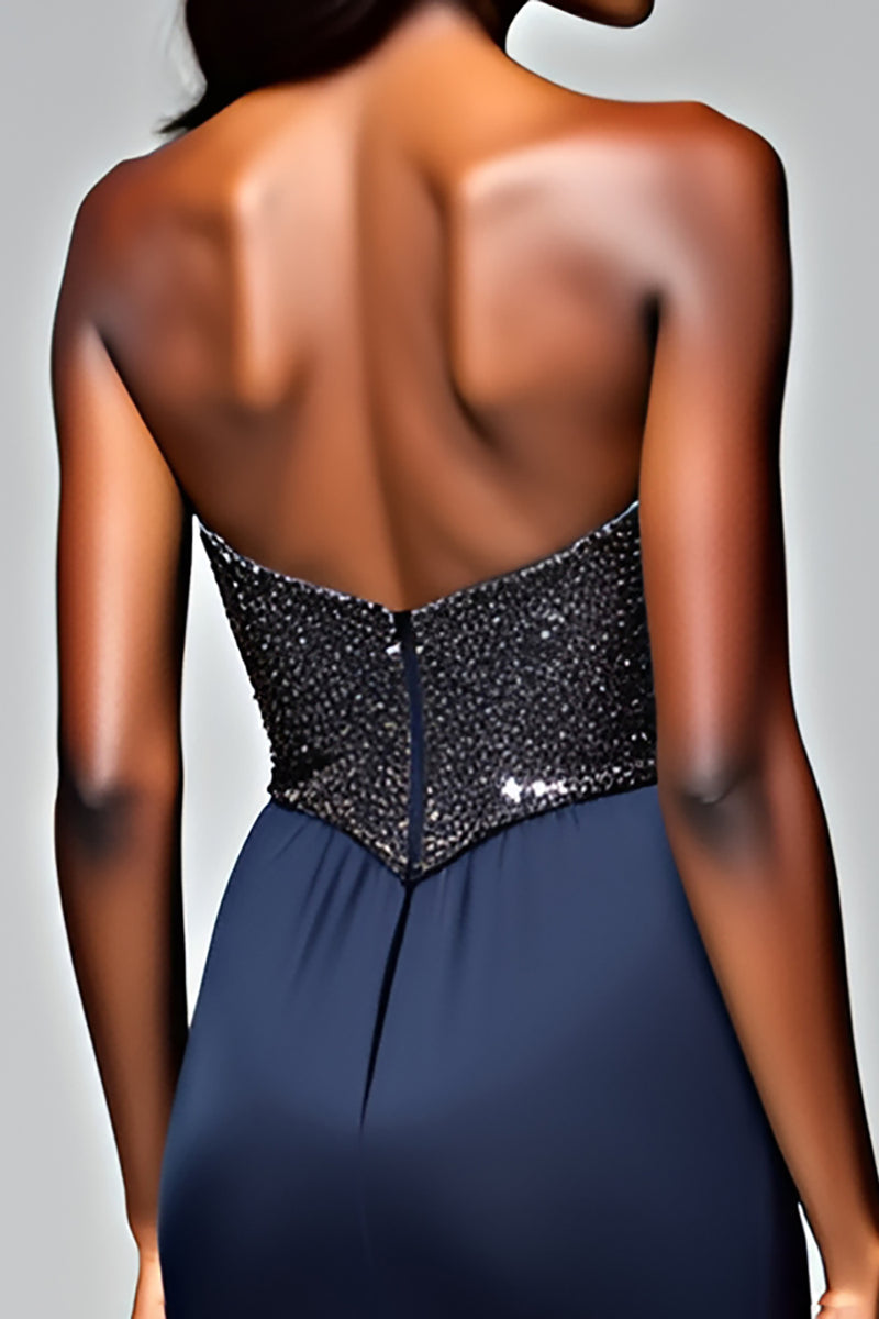 Load image into Gallery viewer, Sparkly Navy Spaghetti Straps Long Formal Dress