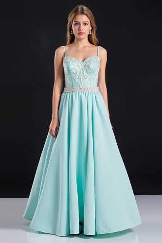 Mint A Line Satin Long Prom Dress with Appliques