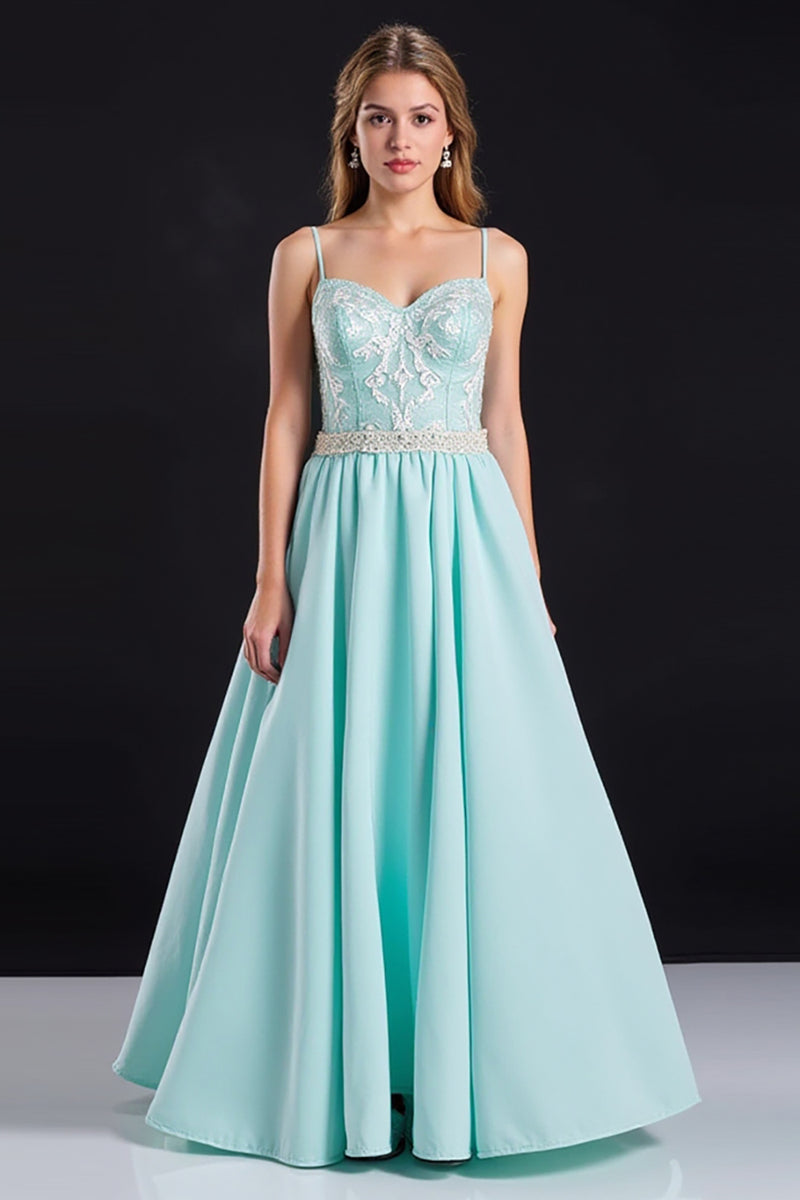 Load image into Gallery viewer, Mint A Line Satin Long Prom Dress with Appliques