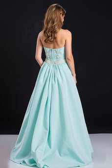 Mint A Line Satin Long Prom Dress with Appliques