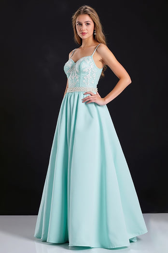 Mint A Line Satin Long Prom Dress with Appliques