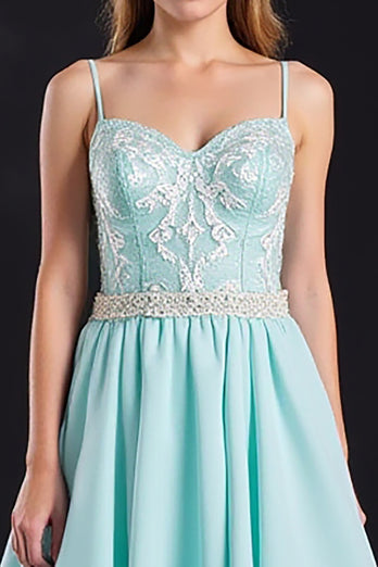 Mint A Line Satin Long Prom Dress with Appliques