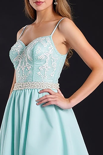 Mint A Line Satin Long Prom Dress with Appliques