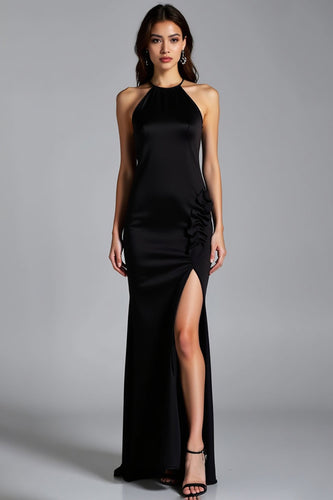 Black Halter Sheath Long Satin Graduation Dress with Slit