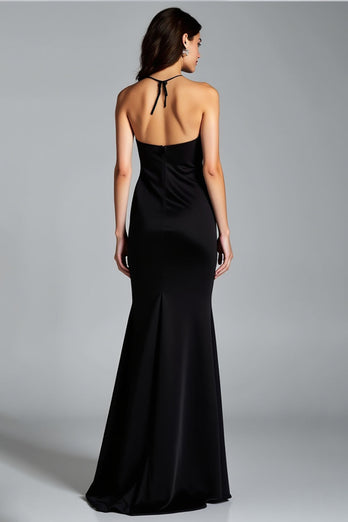 Black Halter Sheath Long Satin Graduation Dress with Slit