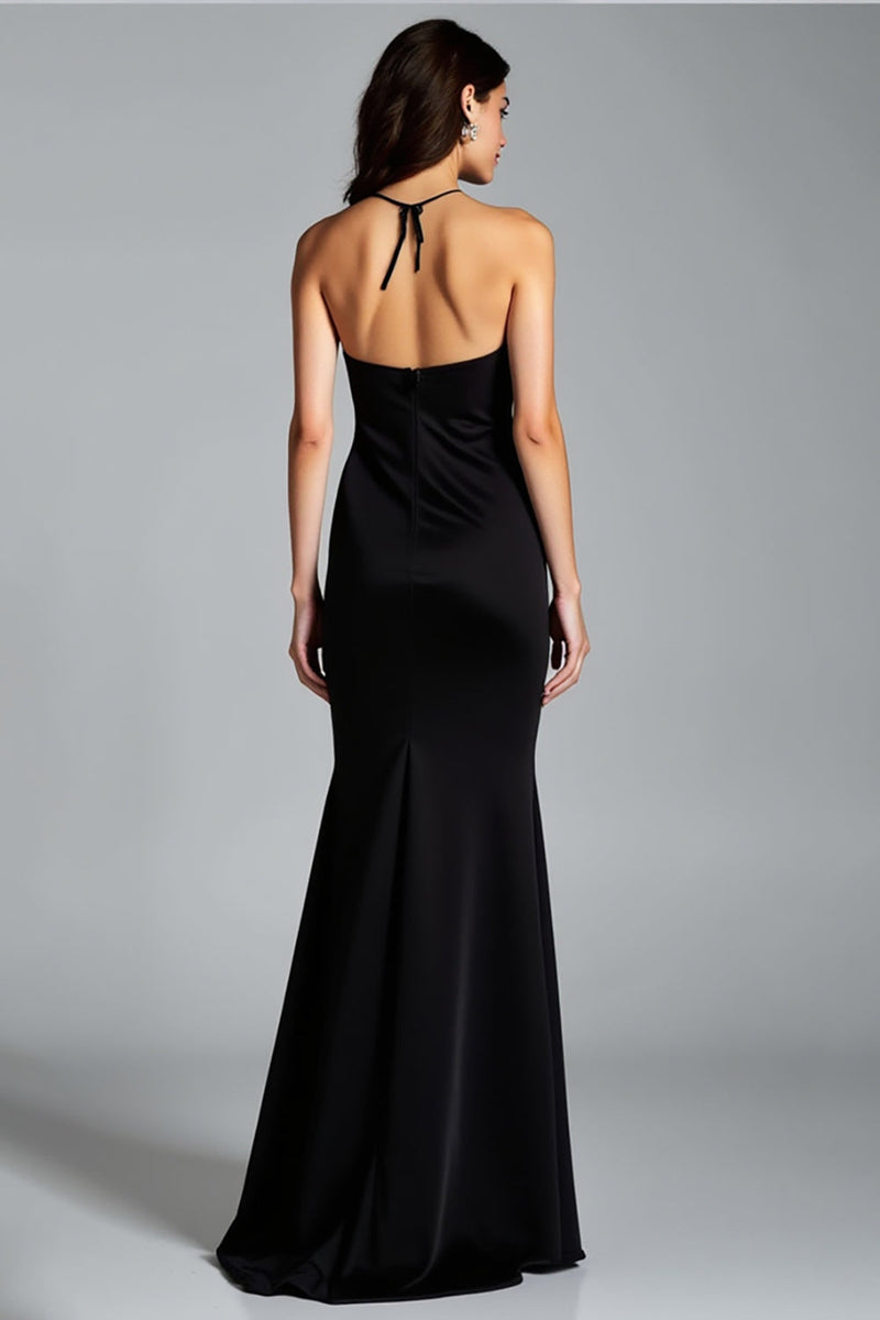 Load image into Gallery viewer, Black Halter Sheath Long Satin Graduation Dress with Slit