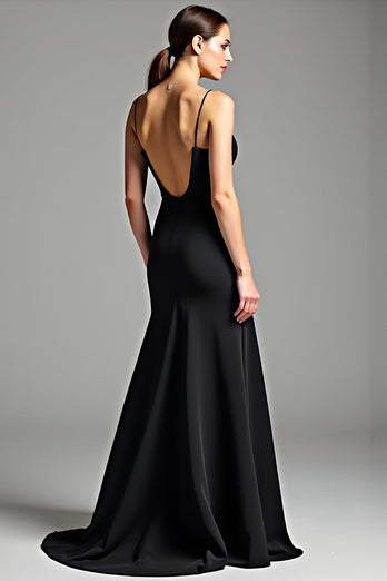 Black Spaghetti Straps Backless Long Satin Graduation Dress