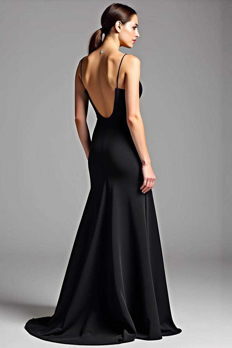 Load image into Gallery viewer, Black Spaghetti Straps Backless Long Satin Graduation Dress