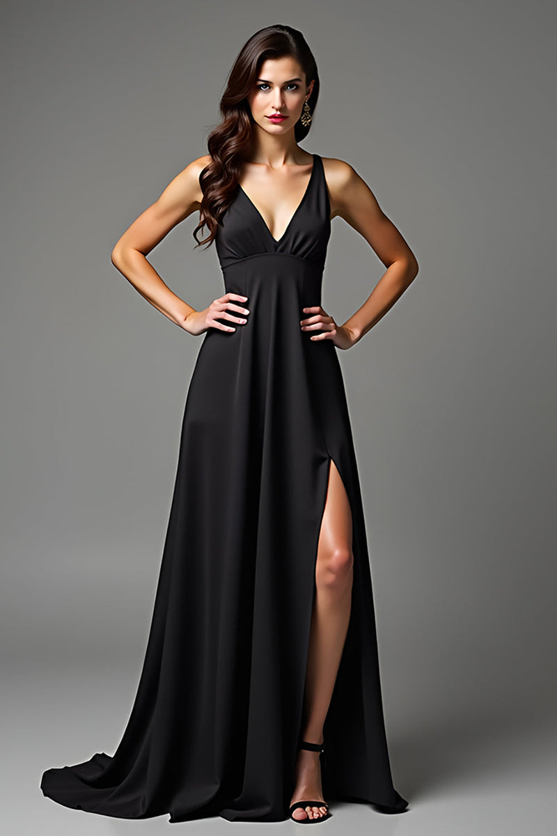 Load image into Gallery viewer, Black A Line V-Neck Long Satin Graduation Dress