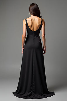 Black A Line V-Neck Long Satin Graduation Dress