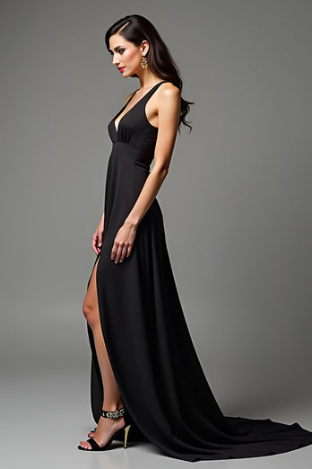 Black A Line V-Neck Long Satin Graduation Dress