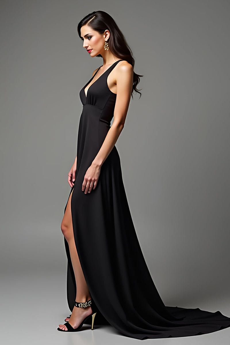 Load image into Gallery viewer, Black A Line V-Neck Long Satin Graduation Dress