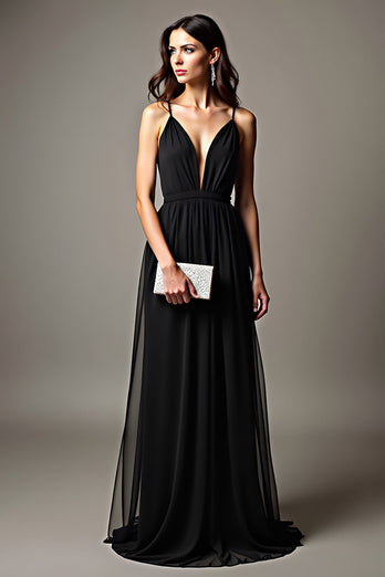 Black Pleated Deep V-Neck Long Tulle Graduation Dress