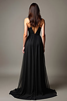 Black Pleated Deep V-Neck Long Tulle Graduation Dress